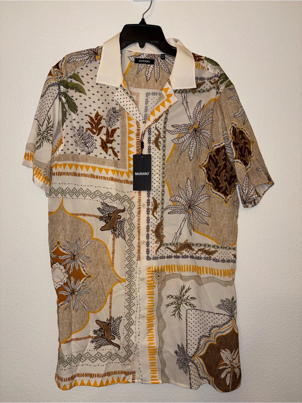 Murano Beige and Mustard Short-Sleeve Button-Down Shirt